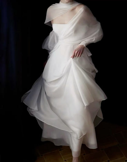 White Simple A Line Strapless Chiffon Prom Dress Evening Dress with Cape SH3652