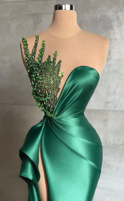 Green luxury gorgeous beaded gown long elegant satin sexy slit prom dress evening gown party dress gh1911