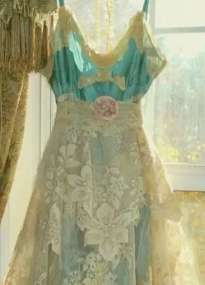 Blue Vintage Lace Long Satin Garden Party Dress gh4754