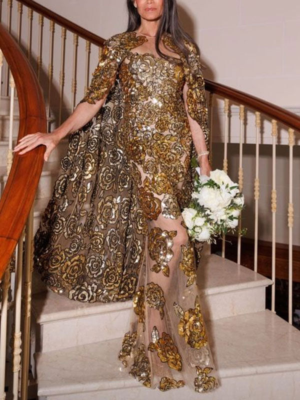 Sheer Tulle Sequined Cape Women's Gown