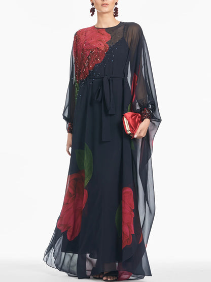 Floral Print Chiffon Sheer Gown