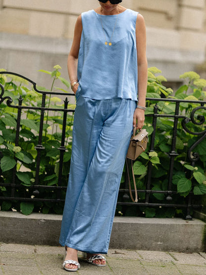 Round Neck Sleeveless Wide Leg Women's Sets