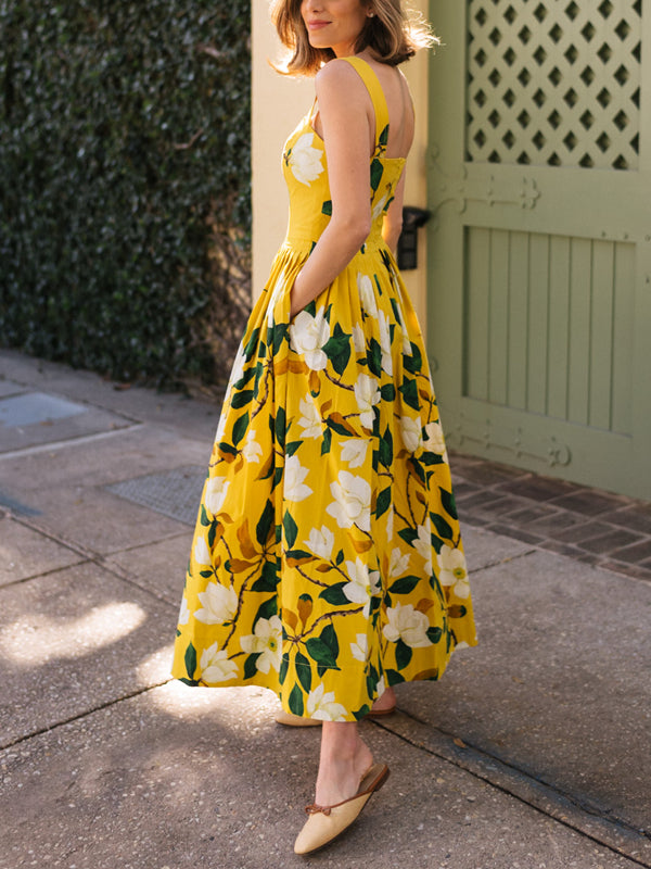 Temperament Square Neck Elegant Holiday Ladies Print Dress