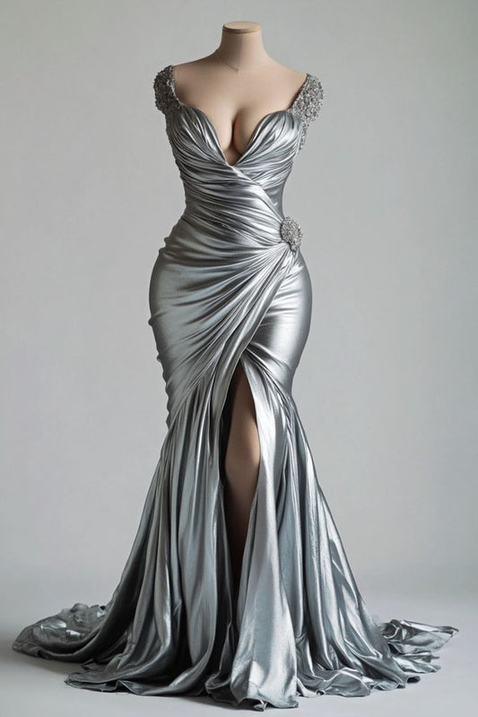 Silver Fashion Beaded Long Fitted Prom Dress gh4959