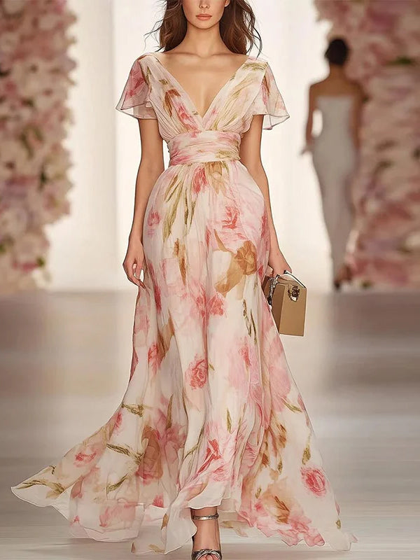 Flower Printed Ruffled Short Sleeves Elegant Chiffon Maxi Dress