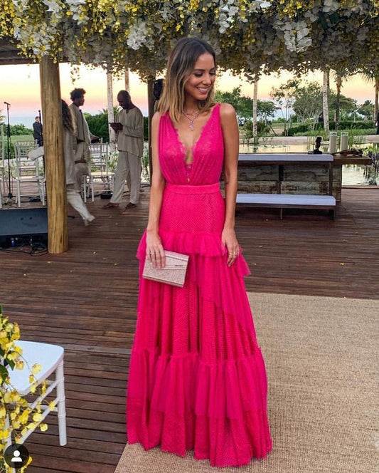 Pink Elegant Sexy V-neck Lace Spaghetti Straps Long Chiffon Ruffle Ball Gown Evening Dress Wedding Guest Party Dress gh3322