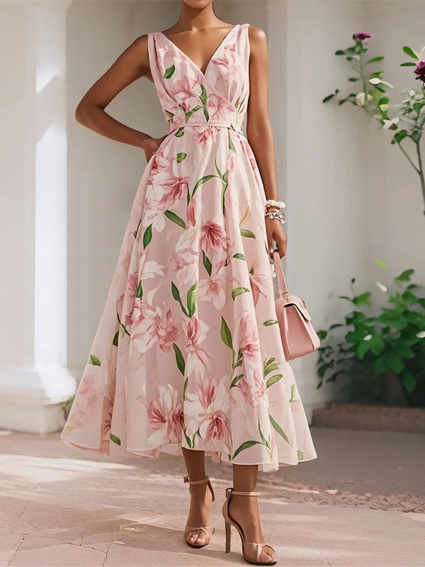 Pink Floral Classic V Neck Sleeveless A-Line Midi Dress