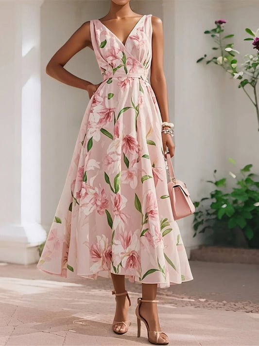Pink Floral Classic V Neck Sleeveless A-Line Midi Dress