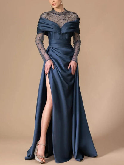Round Neck Lace Long Sleeve Solid Color Maxi Dress