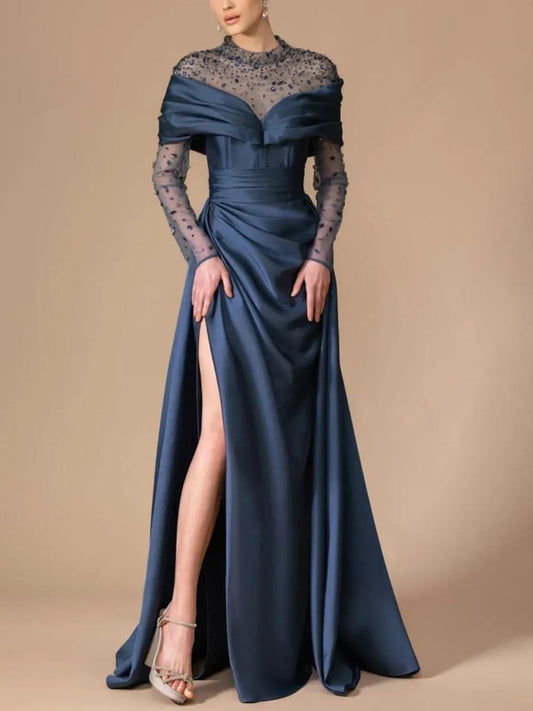 Round Neck Lace Long Sleeve Solid Color Maxi Dress