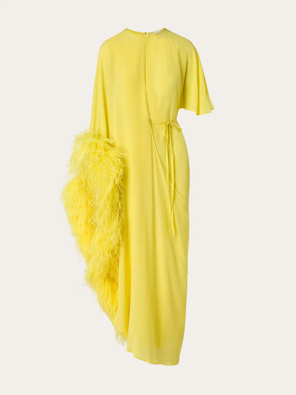 Round Neck Solid Color Feather Midi Dress