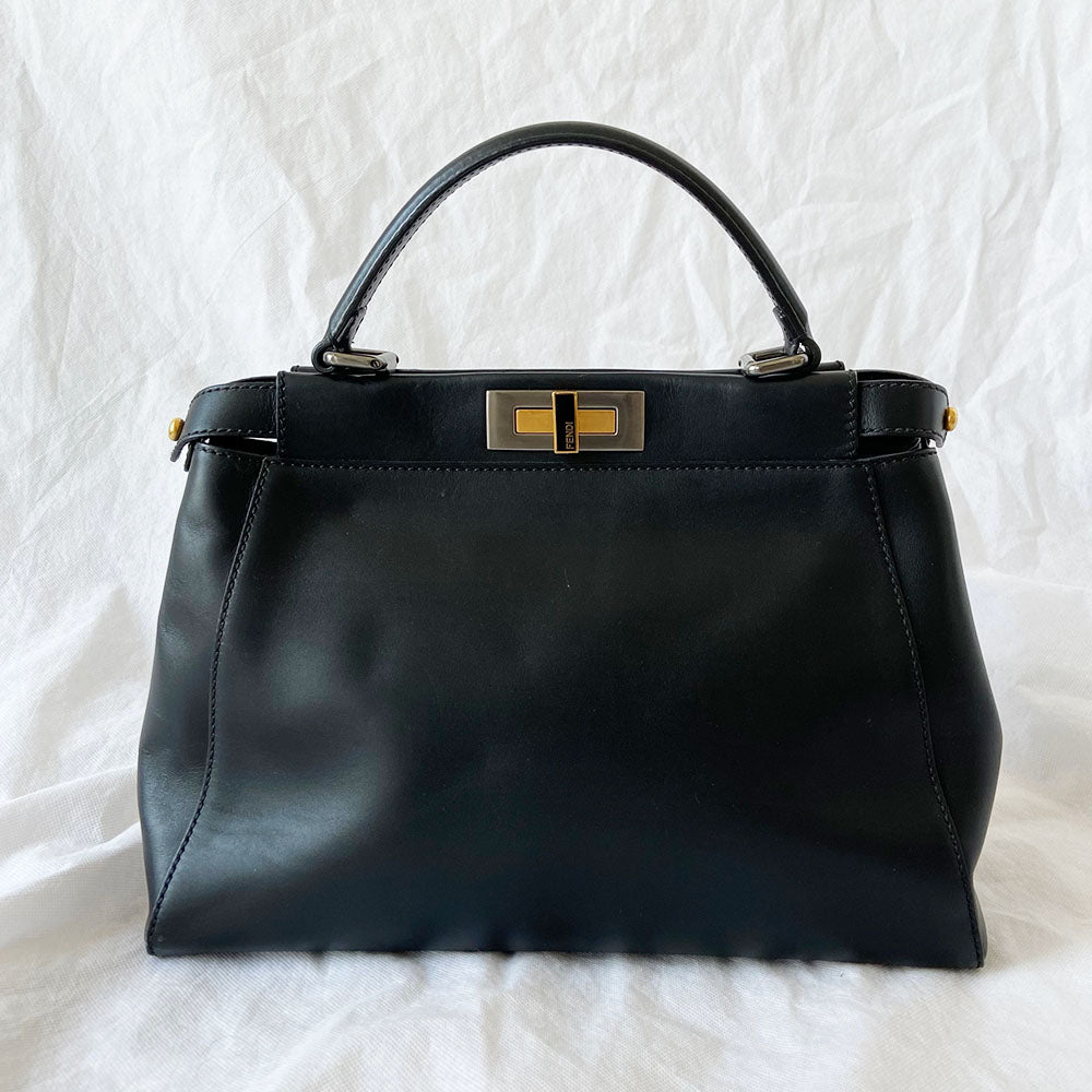 Fendi Black Leather Medium Peekaboo Top Handle Bag