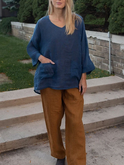 Large Pocket Pullover Cotton and Linen Women's Shirt