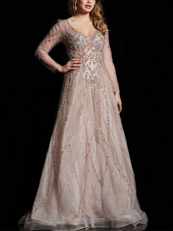 V-neck Solid Color Sequins Maxi Dress