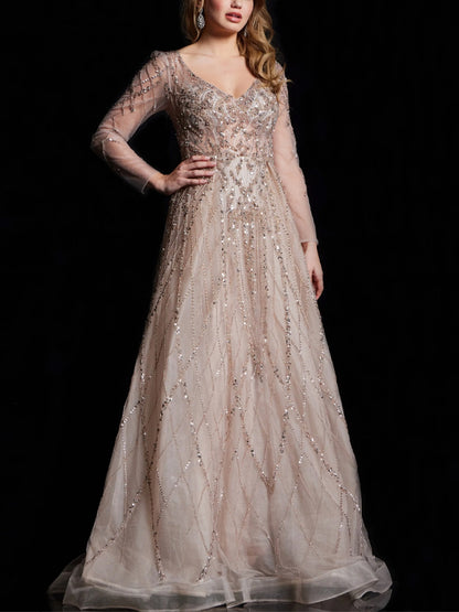 V-neck Solid Color Sequins Maxi Dress