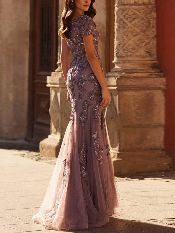 V-neck Lace Short-sleeved Tights Maxi Dress