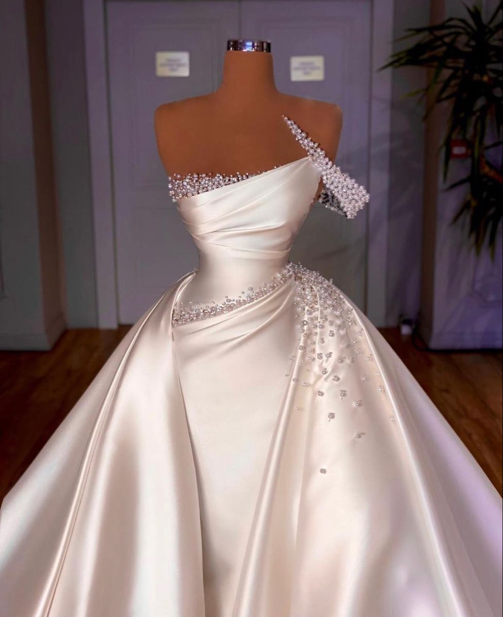 PM560,Fabulous One Shoulder White Satin Wedding Dresses, Pearl Beading Overskirt Bridal Gown On Sale