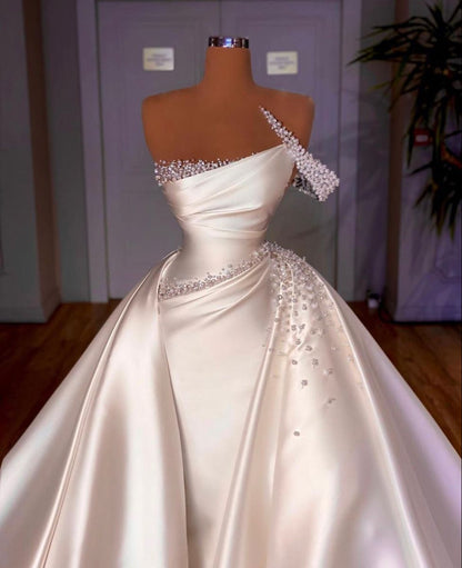 PM560,Fabulous One Shoulder White Satin Wedding Dresses, Pearl Beading Overskirt Bridal Gown On Sale