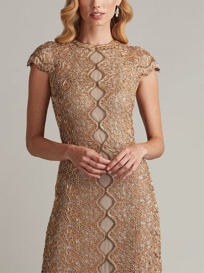 Round Neck Short Sleeve Lace Solid Color Maxi Dress