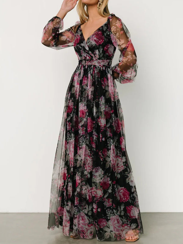 Temperament Split Mesh Printing Maxi Dress
