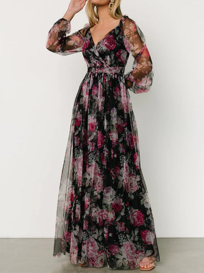Temperament Split Mesh Printing Maxi Dress