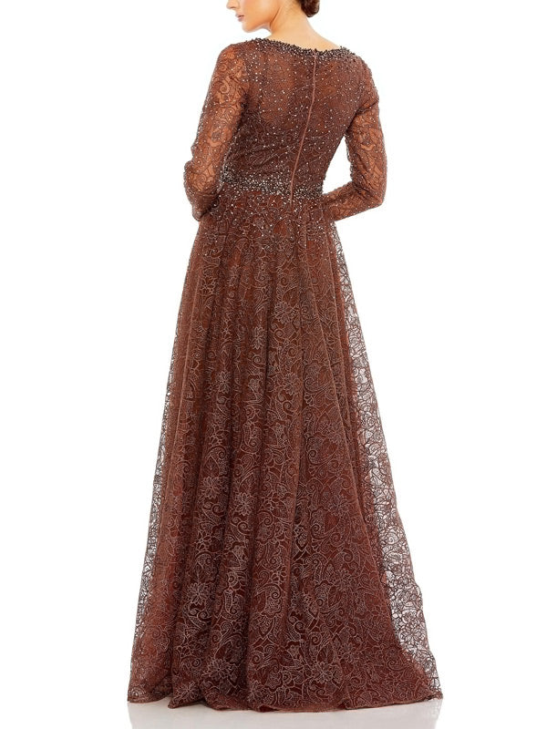 Embellished Illusion Long Sleeve V-Neck Dress