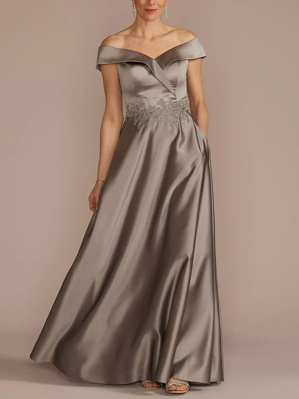 Embroidered Strapless Satin A-line Dress