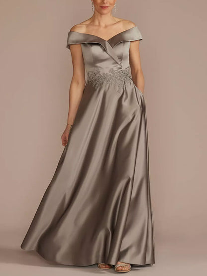 Embroidered Strapless Satin A-line Dress