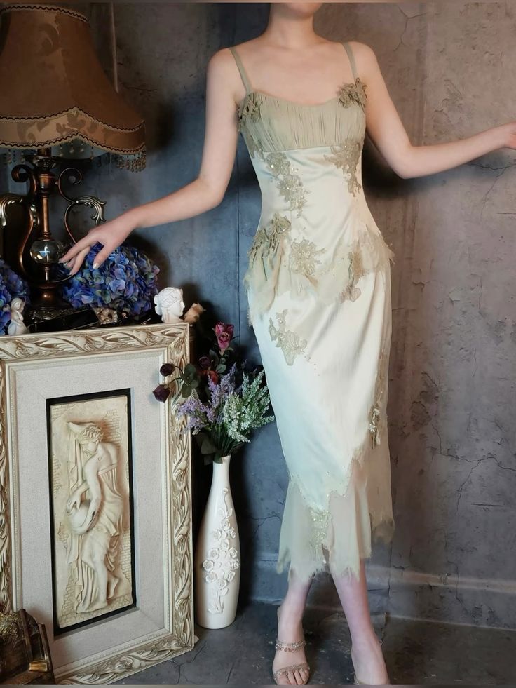 Gentle Green Sheath Spaghetti Strap Appliques Satin Chiffon Prom Dress Evening Dress SH2668