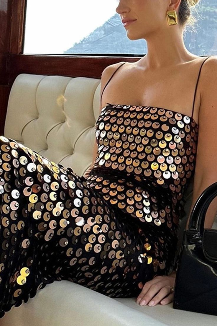 Pink/Silver Black Fashion Sequin Long Spaghetti Strap Party Dress gh4858