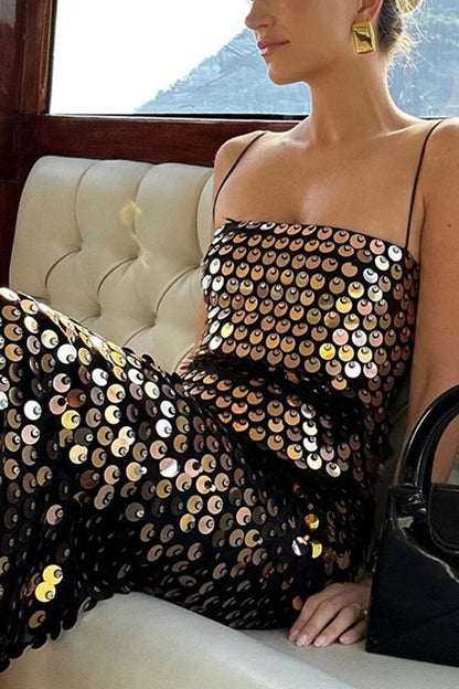 Pink/Silver Black Fashion Sequin Long Spaghetti Strap Party Dress gh4858