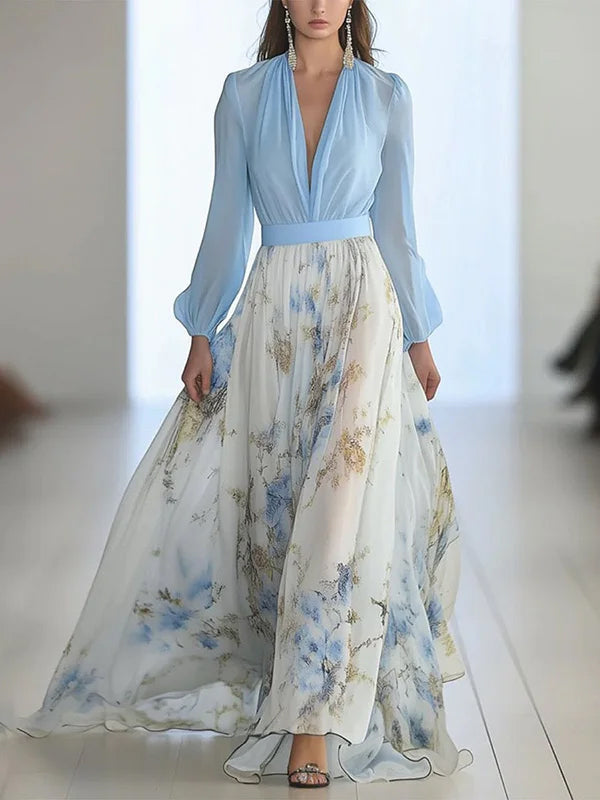 Flower Printed Contarst Color High-Waisted Long Sleeves Bohemia Maxi Dress