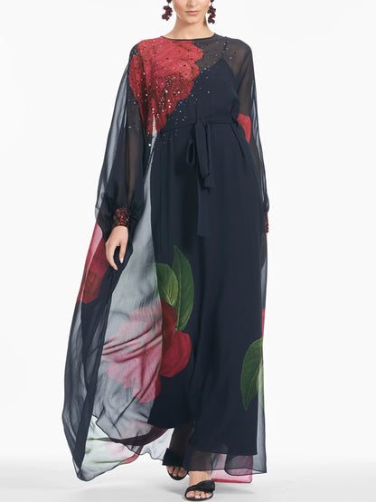 Floral Print Chiffon Sheer Gown