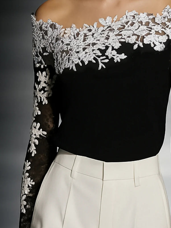 Elegant Black Off-Shoulder Lace Applique T-shirt