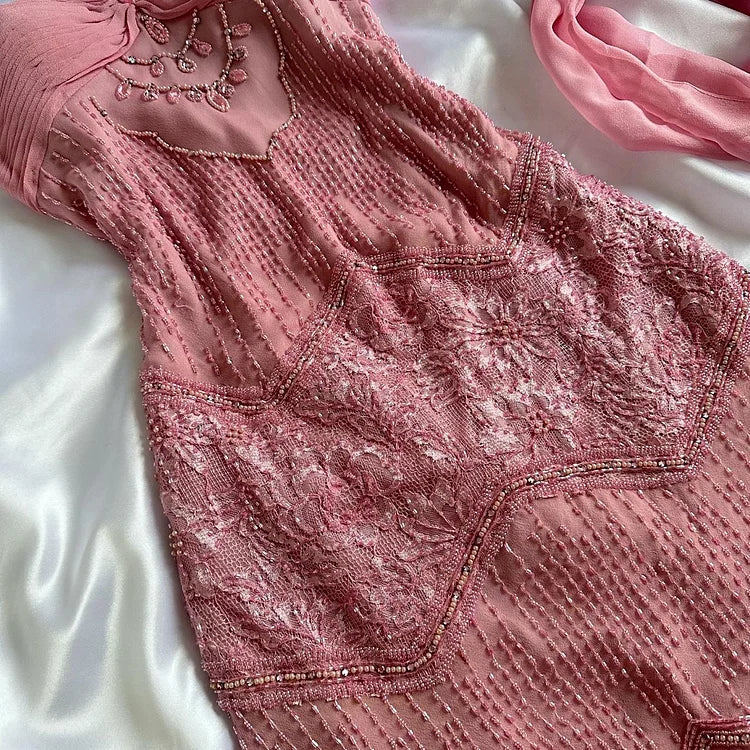 Pink Floral Elegant Exquisite Beading Long Chiffon Ball Gown Evening Dress Party Dress gh4234