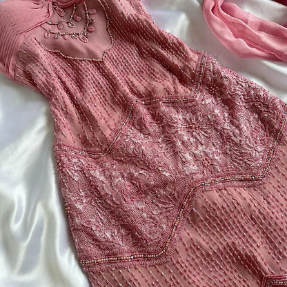 Pink Floral Elegant Exquisite Beading Long Chiffon Ball Gown Evening Dress Party Dress gh4234