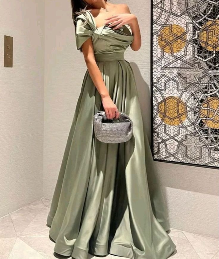 A Line Off Shoulder Sage Green Prom Dress Evening Formal Party Gowns   fg7447