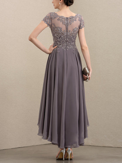 Asymmetric Chiffon Lace Mom of the Bride Dress with Beaded Sequins