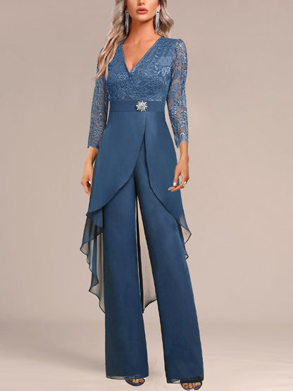 V-Neck Long-Sleeved Lace Solid Color Jumpsuit