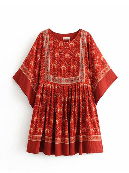 loveedsTM- Vintage Chic Fashion Women Red Floral Print O-neck Loose Bohemian Mini Dresses Ladies Batwing Sleeve Cotton Beach Boho Dress