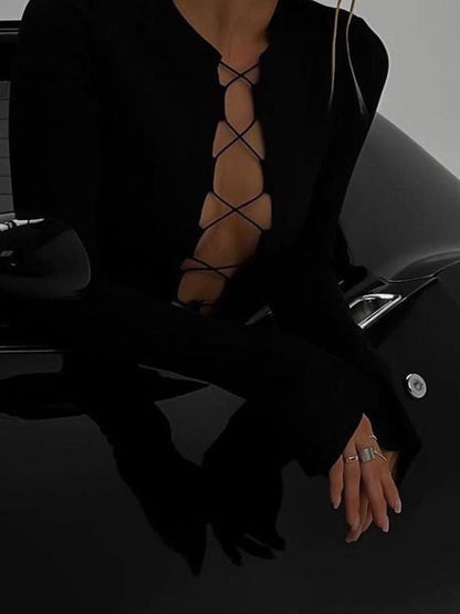 loveedsTM- Autumn Sexy Bandage Black Mini Dress for Women Fashion Outfits Party Club Long Sleeve Bodycon Dresses Vestido Knit