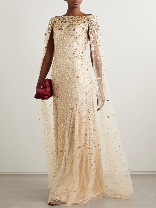 Off The Shoulder Sequin Solid Color Maxi Dress