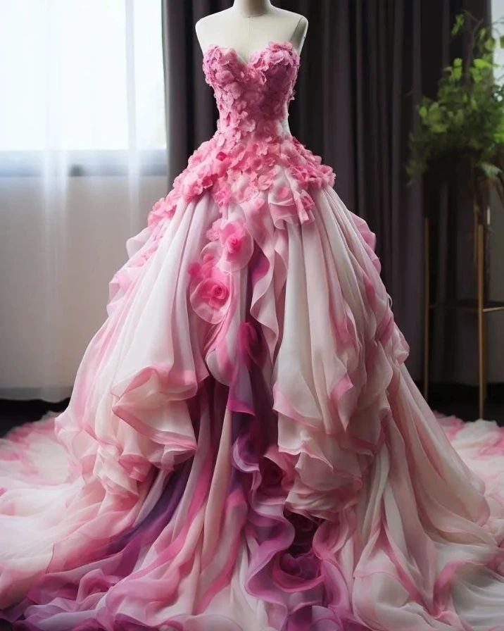 Gorgeous A Line Sweetheart Neck 3D Flower Pink Chiffon Prom Dress Evening Dress SH2420