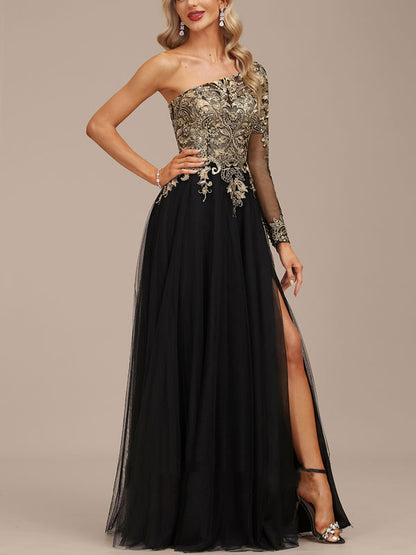 A-line Shoulder Length Evening Dress