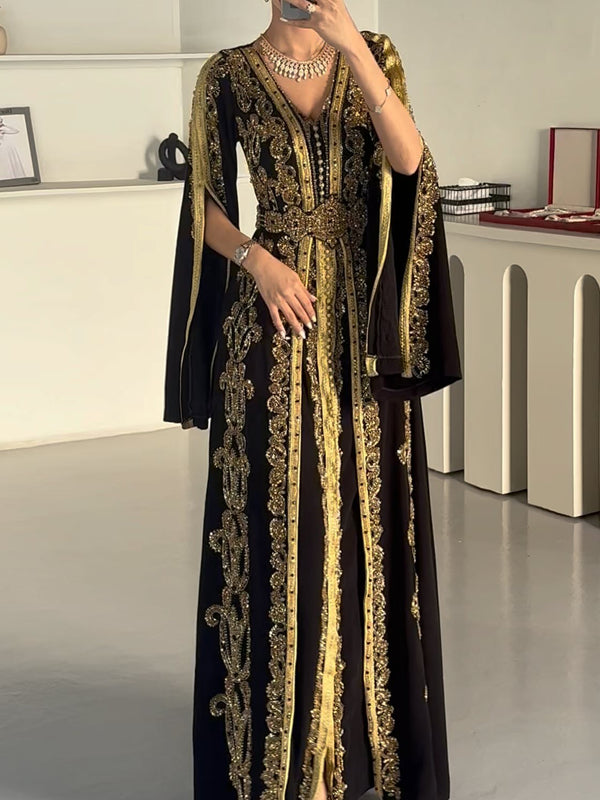 Women's V Neck Sequined Moroccan Dress