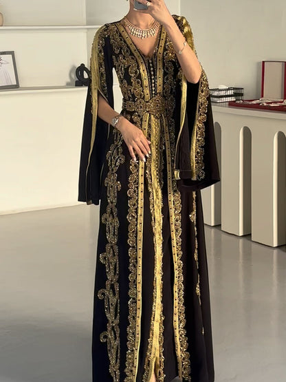 Women's V Neck Sequined Moroccan Dress