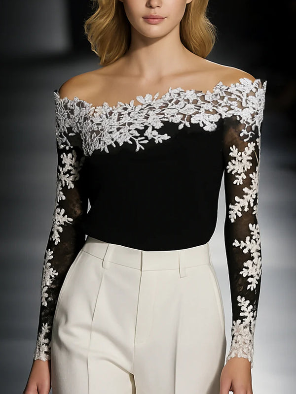 Elegant Black Off-Shoulder Lace Applique T-shirt