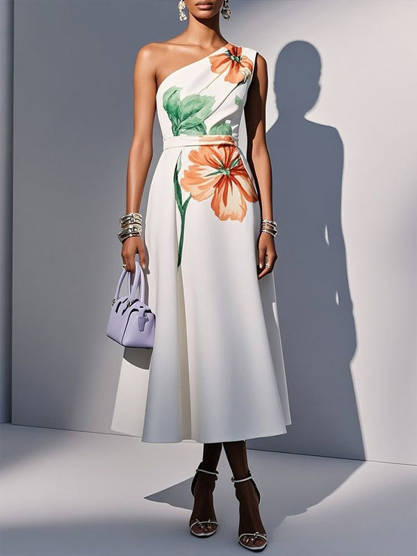 White Off-shoulder Print Midi Dress