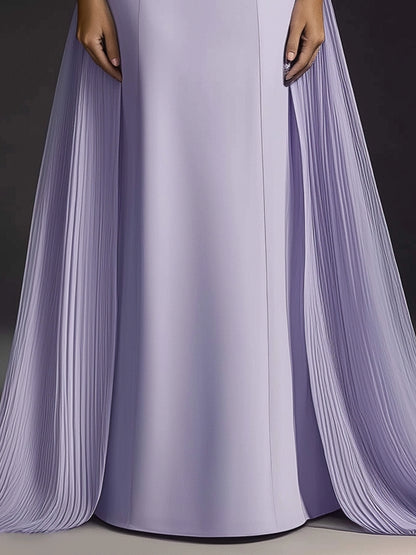 Formal Evening Dress Purple Stand Collar Pleated Train Gown