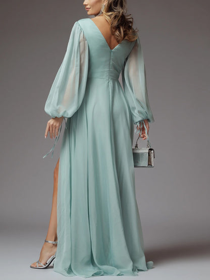 V-neck Solid Color Long Sleeves Maxi Dress